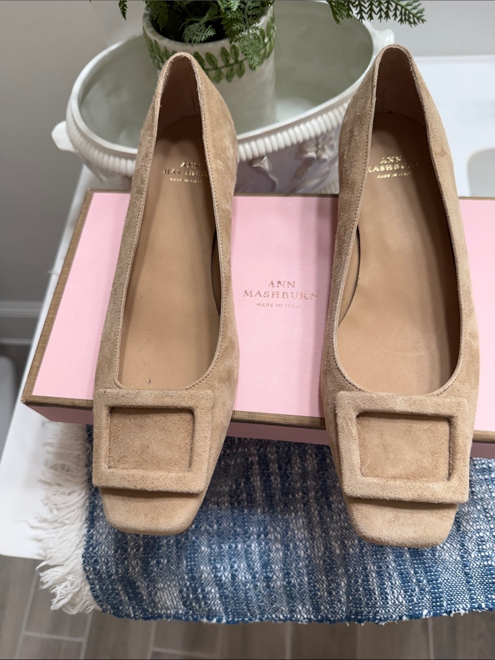 ANN MASHBURN Beige Suede Square-Toe Flats with Buckle Accent